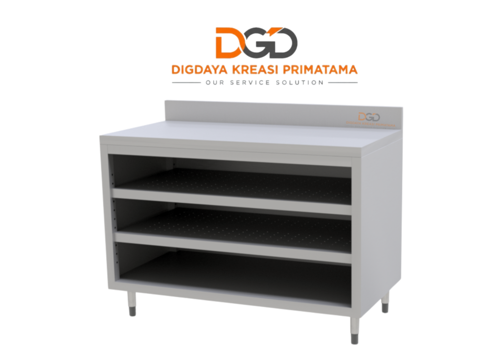 Barline Open Shelf 1200x600 mm, rak terbuka tiga tingkat untuk penyimpanan peralatan dapur komersial.