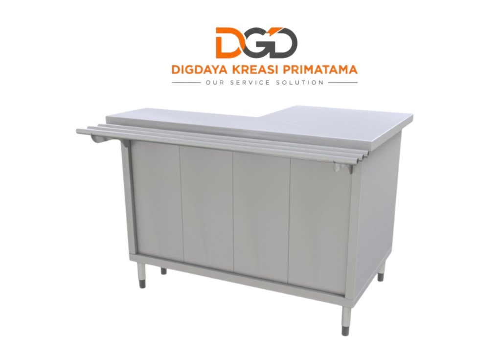 Neutral cashier table stainless steel, meja kasir minimalis modern untuk restoran dan kafe.