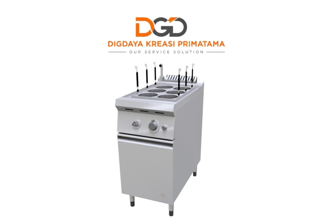 Mesin noodle cooker 6 lubang stainless steel dengan 6 noodle strainer untuk restoran mie ayam.