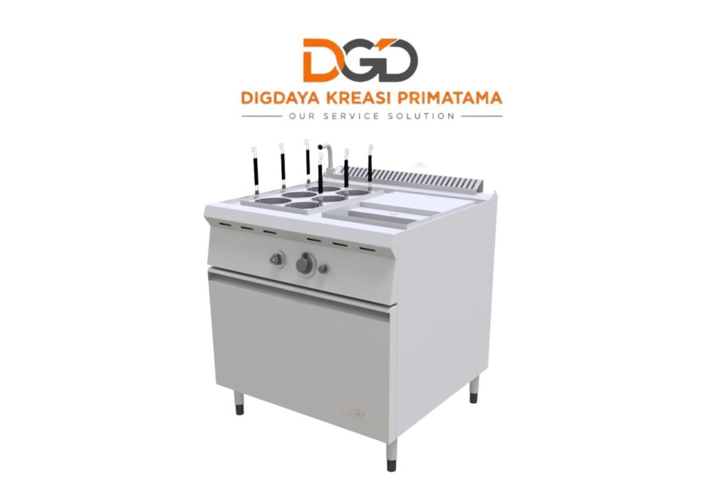 Mesin noodle cooker dengan double soup tank stainless steel untuk restoran mie ramen.