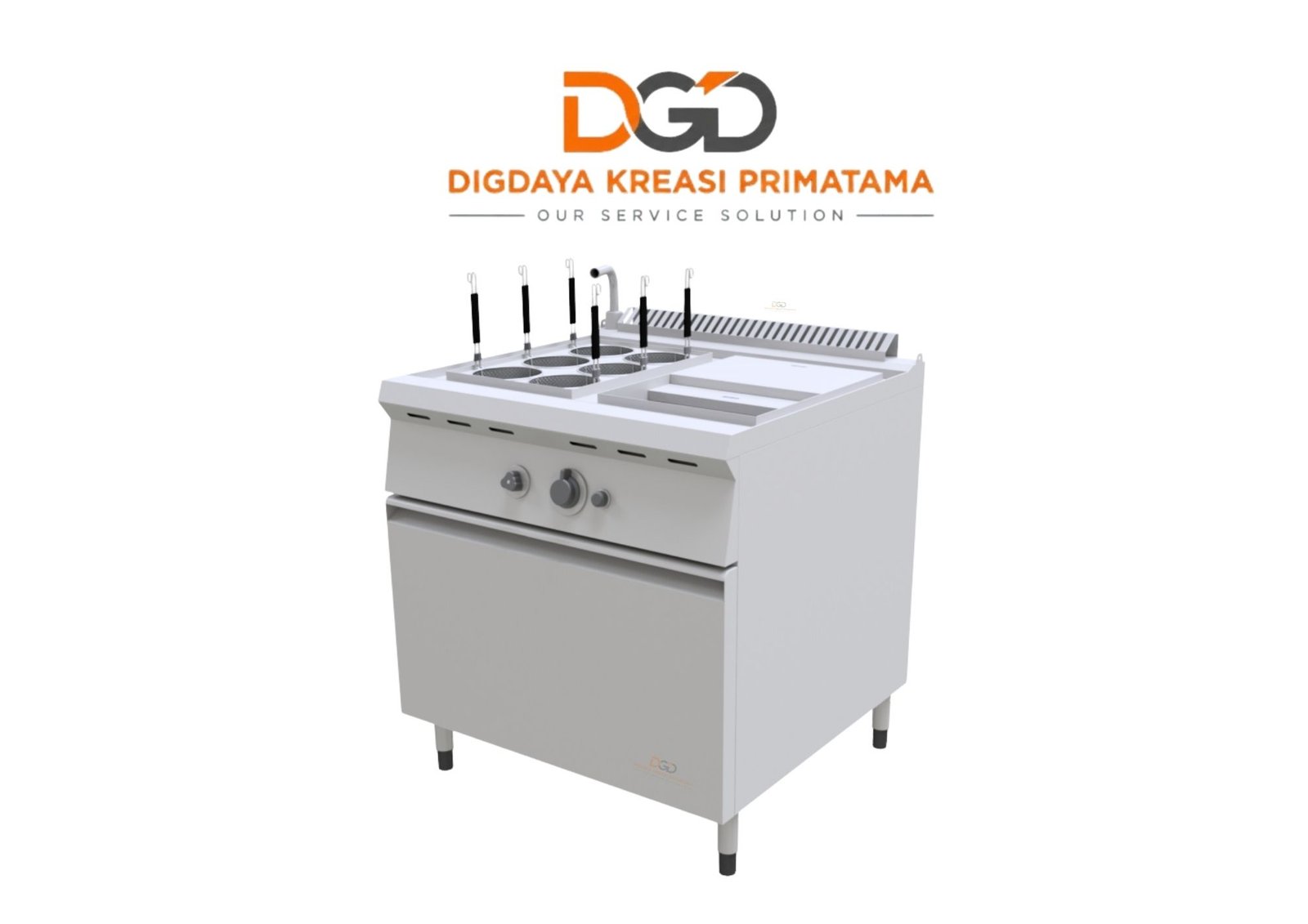 Mesin noodle cooker gas stainless steel dengan 4 lubang sekat untuk rebus mie restoran.