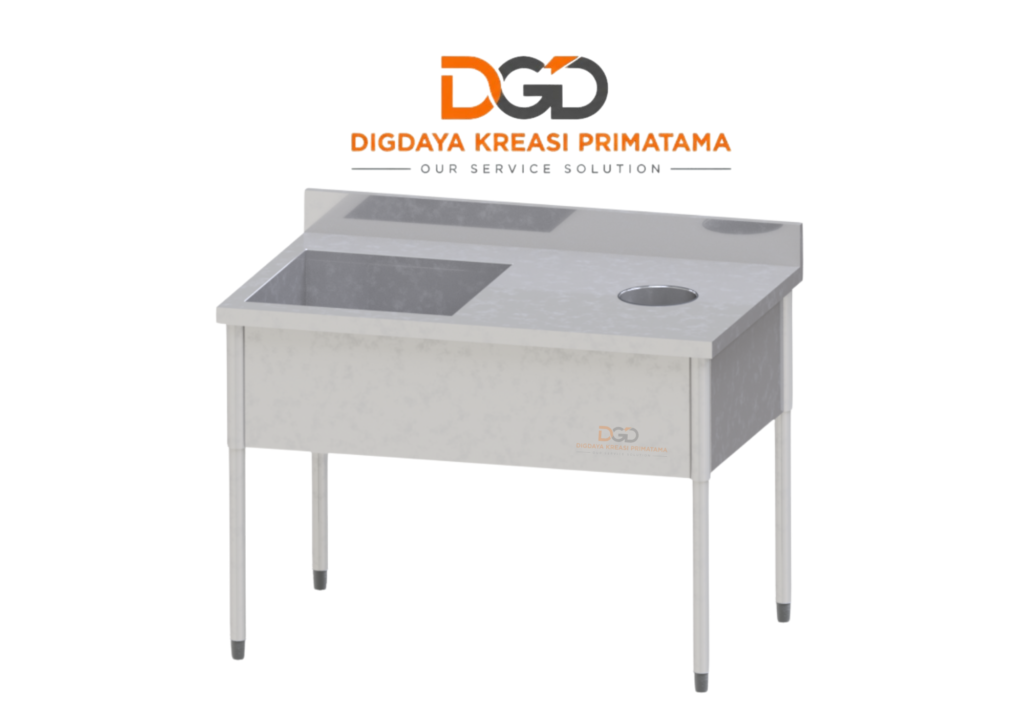 Meja bak cuci piring stainless steel kotor konfigurasi kanan ke kiri dengan lubang sampah dan pembatas dinding untuk dapur komersial.