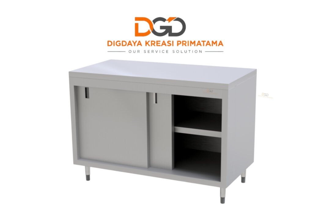 Meja cabinet stainless steel Slides Work Counter dengan pintu geser sliding door untuk dapur restoran.