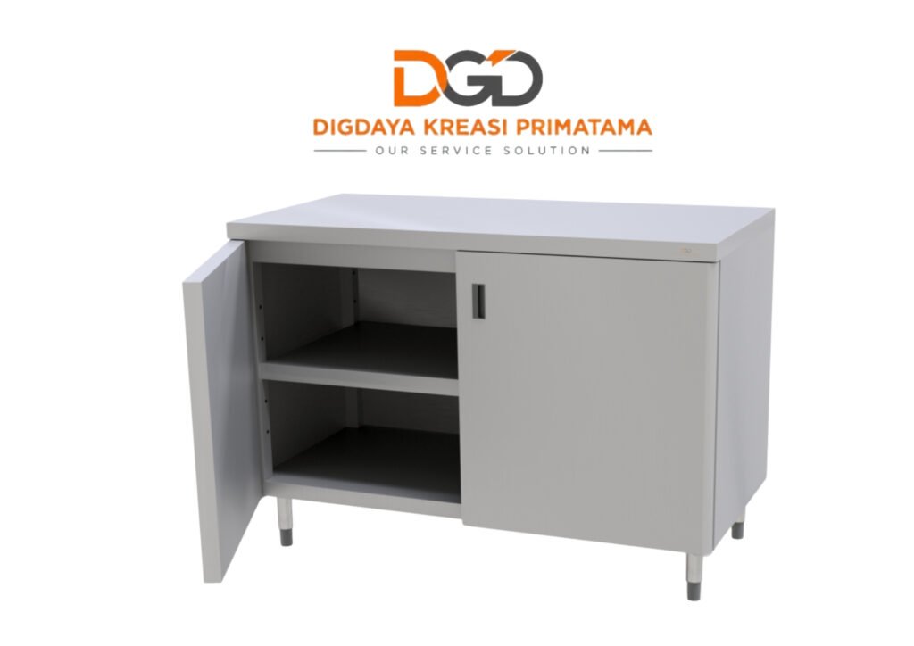 Meja cabinet stainless steel Swing Work Counter dengan pintu ayun swing door untuk dapur restoran.