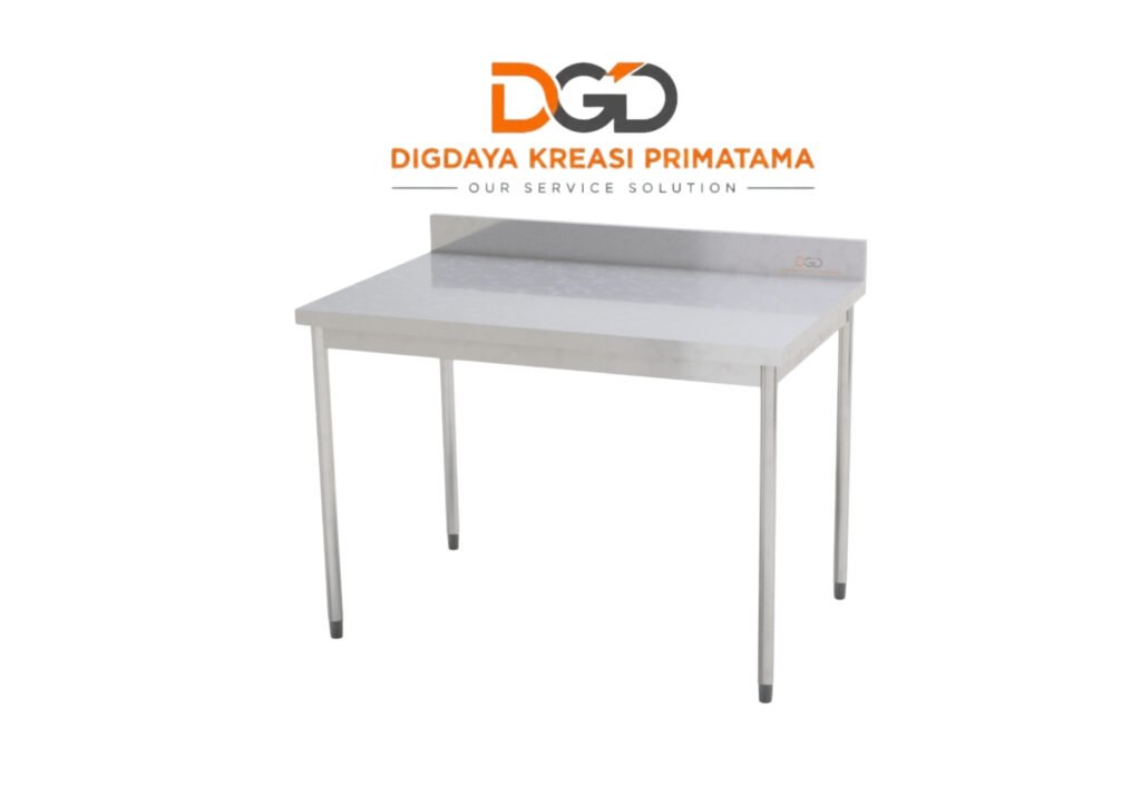 Meja kerja stainless steel Work Table Splashback dengan pembatas dinding belakang untuk dapur restoran.