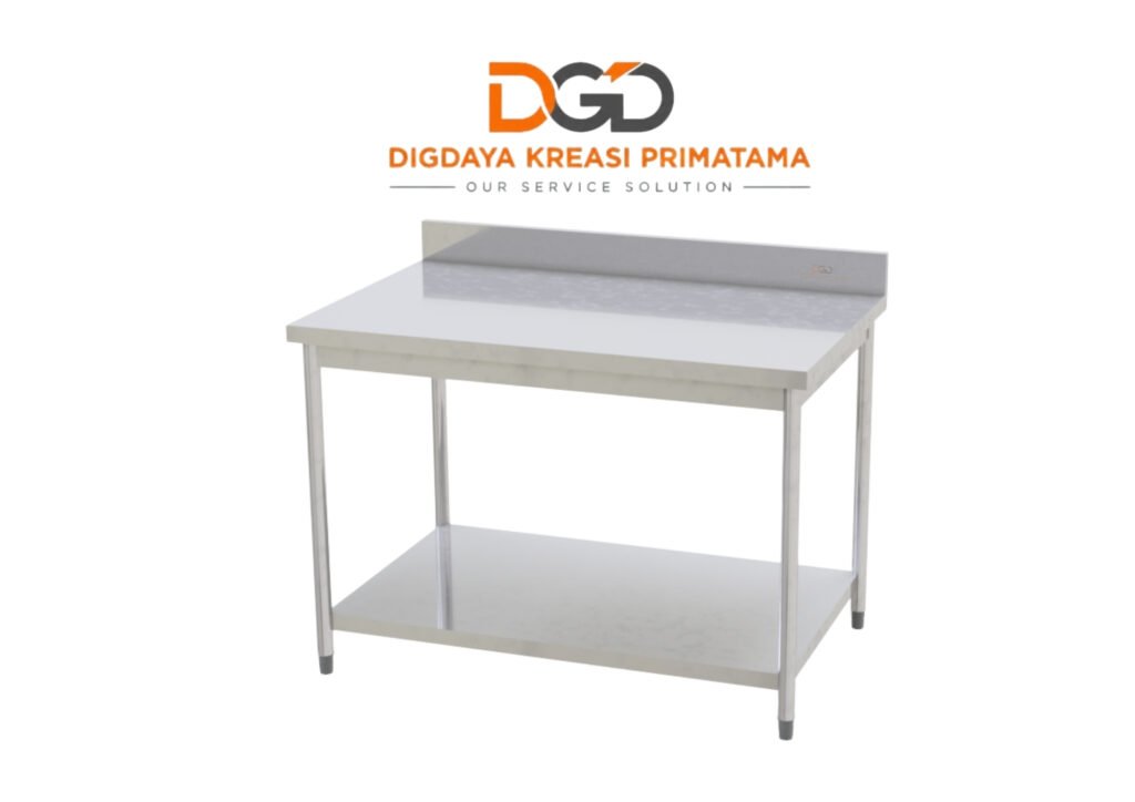 Meja kerja stainless steel Work Table Splashback with Undershelf untuk area persiapan dapur restoran.